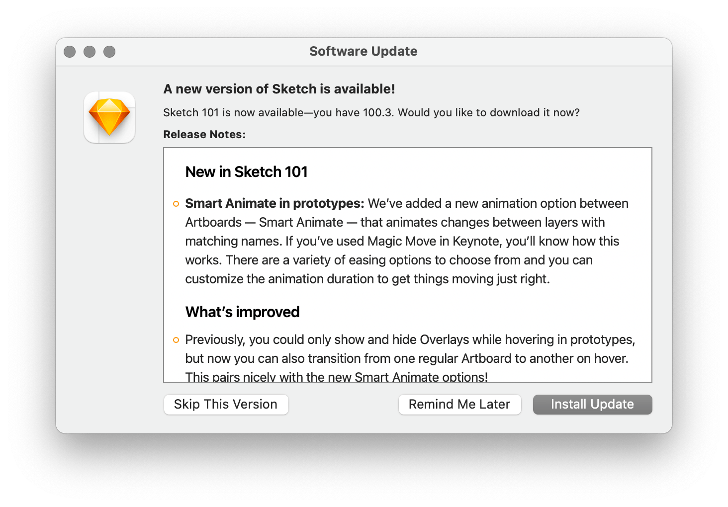 Sketch update notification window